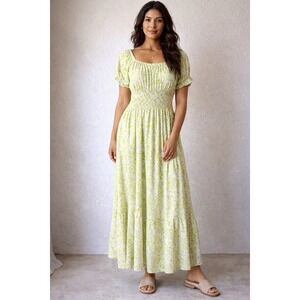 Anthropologie Kindred Green Smocked Maxi Dress XL Puff Sleeve Boho